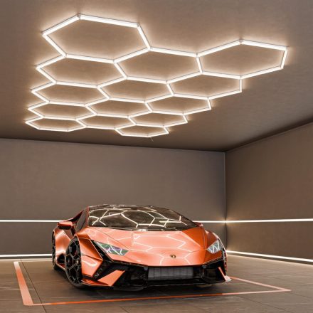 Hexagon LED lámpa hatszögletű méhsejt mennyezeti panel világítás garázsműhelyhez 522 x 298 cm