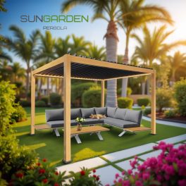 Boho stílusú, 3x4 m-es motoros alumínium pergola LED világítással és oldalsó árnyékolóval